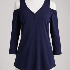 JustFab Navy Cold Shoulder Tunic Top Long Sleeve V Neck Flowy Size Large